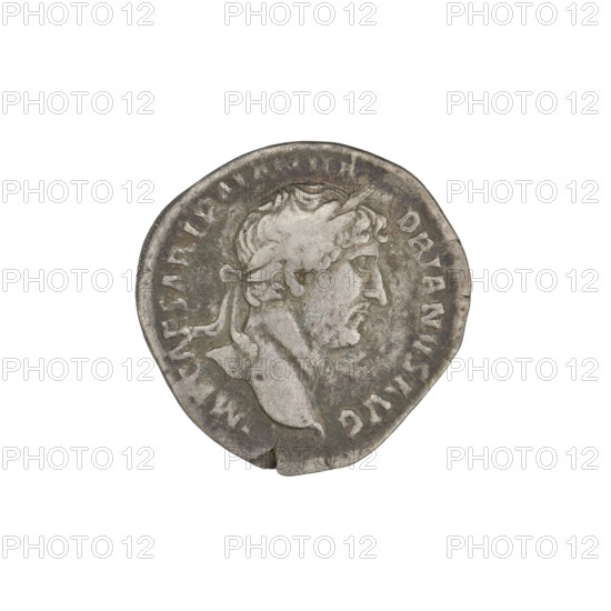 Denarius of Hadrian (76–138; Roman emperor 117–138). Obverse: Bust of Hadrian with laurel wreath facing right; rim inscription IMPCAESARTRAIANHADRIANVSAVG. Reverse: Salus seated left, wearing a long robe; in her outstretched right hand she holds a patera from which she consecrates gifts on the lit altar in front of her, a snake is entwined around the altar, her left hand rests on the back of a chair; rim inscription PM TR P COS III; field inscription SALVSAVG. Date: 119–122. Material: coin (denarius). Weight: 2.80 g. Location: Rome, Roman Empire.