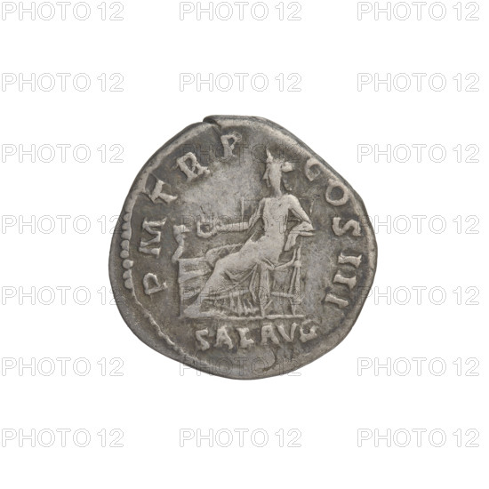 Denarius, Hadrian (76–138; Roman emperor 117–138). Obverse: Bust of Hadrian with laurel wreath facing right; rim inscription IMP CAESAR TRAIAN HADRIANVS AVG. Reverse: Salus seated left, wearing a long robe; in her outstretched right hand she holds a patera consecrating offerings on the lit altar in front of her, a snake entwined around the altar, her left hand rests on the back of a chair; rim inscription PM TR P COS III; in the field: SALVS AVG. Date: 119–122. Rome, Roman Empire (27 BC–476). Coin; weight 2.80 g.