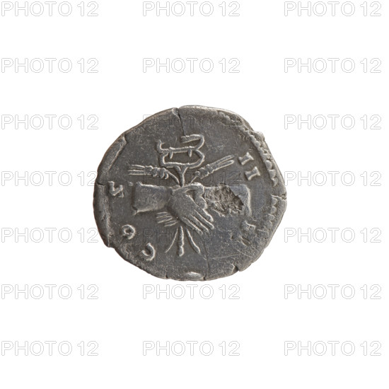 Denarius, Antoninus Pius (86–161; Roman emperor 138–161), issuer. Obverse: Head of Antoninus Pius in a laurel wreath facing right, inscribed ANTONINVS · AVG · PIVS · PP. Reverse: Two hands clasped together holding a winged caduceus and ears of corn, inscribed CO S · II · II. Iconography: ears of corn; caducei; hands joined on a caduceus and ears of corn, right hand. Date: 145–161. Culture/place: Roman Empire, Rome. Object type: coin (denarius). Measurements: diameters 18.0 mm and 19.5 mm, weight 2.70 g, axis 180°.