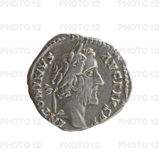 Denarius, Antoninus Pius (86–161; Roman emperor 138–161), caduceus and ears of corn; obverse: head of Antoninus Pius in a laurel wreath facing right, legend ANTONINVS · AVG · PIVS · PP; reverse: two hands clasped together holding a winged caduceus and ears of corn, legend - OS II - II; dated 145–161 CE, Roman Empire (Rome); coin; diameter 17.0–18.0 mm, weight 3.30 g, axis 0°.