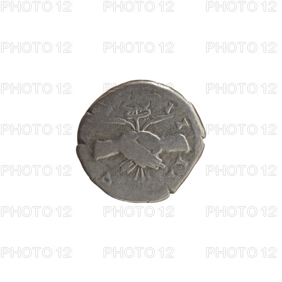 Denarius, Antoninus Pius (86–161; Roman emperor 138–161), c. 145–161. Obverse: Head of Antoninus Pius in a laurel wreath facing right, inscription ANTONINVS·AVG·PIVS·PP. Reverse: Two hands clasped together holding a winged caduceus and ears of corn (hands joined on a caduceus and ears of corn), inscription C·OS·II·II around. Roman Empire (27 BC–476), Rome. Coin: diameter 17.0–17.5 mm, weight 2.85 g, axis 15°.