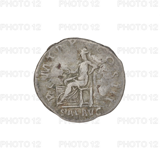 Denarius, Hadrian (76–138; Roman emperor 117–138). Obverse: Bust of Hadrian with laurel wreath facing right; rim inscription IMPCAESARTRAIANHADRIANVSAVG. Reverse: Salus seated left, wearing a long robe, holding a patera in her outstretched right hand to consecrate gifts on a lit altar in front of her; a snake is entwined around the altar, her left hand rests on the back of a chair; rim inscription PMTRPCOSIII; episode inscription SALVSAVG. Date: 119–122. Place: Rome, Roman Empire. Coin; weight 3.20 g.