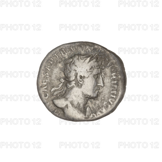 Denarius, Hadrian (76–138; Roman emperor 117–138). Obverse: Bust of Hadrian with laurel wreath facing right; rim inscription: IMPCAESARTRA, ANVSAVG. Reverse: Salus (personification) seated left, wearing a long robe; in her outstretched right hand she holds a patera consecrating offerings on the lit altar in front of her, a snake entwined around the altar, her left hand rests on the back of a chair; rim inscription: PM TR P COS III; episode inscription: SALVSAVG. Date: 119–122. Rome, Roman Empire (27 BC–476). Coin; weight 3.20 g.