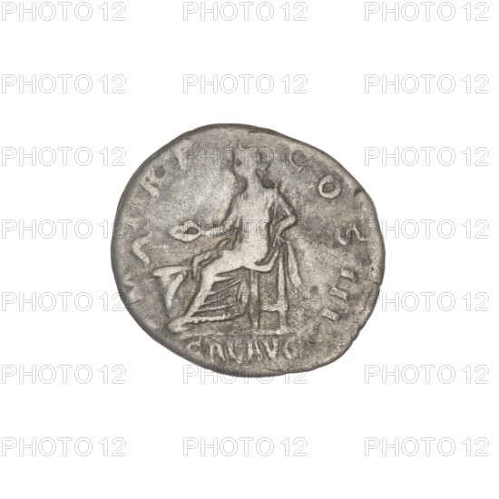Denarius, Hadrian (76–138; Roman emperor 117–138). Obverse: Bust of Hadrian with laurel wreath facing right; rim inscription: IMPCAESARTRA ANVSAVG. Reverse: Salus (personification) seated left, wearing a long robe; in her outstretched right hand she holds a patera consecrating offerings on a lit altar in front of her, a snake entwined around the altar, her left hand rests on the back of a chair; rim inscription: PM TR P COS III; field inscription: SALVSAVG. Date: 119–122. Rome, Roman Empire (27 BC–476). Coin; weight 3.20 g.