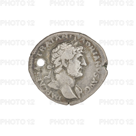 Denarius, Hadrian (76–138; Roman emperor 117–138). Obverse: Bust of Hadrian with laurel wreath facing right; rim inscription IMP CAESAR TRAIAN HADRIANVS AVG. Reverse: Salus seated left, wearing a long robe, in her outstretched right hand she holds a patera from which she consecrates gifts on the lit altar in front of her; a snake is entwined around the altar; her left hand rests on the back of a chair; rim inscription PM TR P COS III; in the field: SALVS AVG. Coin pierced to be worn on a chain. Date: 119–122. Place: Rome, Roman Empire. Medium: silver coin. Weight: 3.20 g.