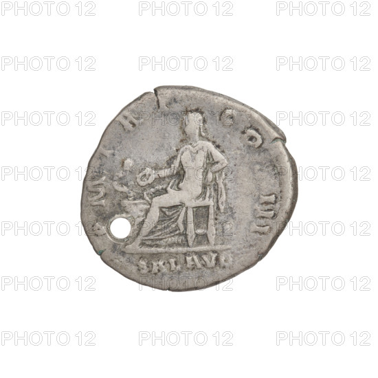 Denarius, Hadrian (76–138; Roman emperor 117–138). Obverse: Bust of Hadrian with laurel wreath facing right; rim inscription: IMPCAESARTRAIANHADRIANVSAVG. Reverse: Salus seated left, wearing a long robe; in her outstretched right hand she holds a patera from which she consecrates gifts on the lit altar in front of her, a snake entwined around the altar; her left hand rests on the back of a chair; rim inscription: PM TR P COS III; field inscription: SALVSAVG. Coin pierced to be worn on a chain. Date: 119–122. Rome, Roman Empire (27 BC–476). Medium: silver coin (denarius). Weight: 3.20 g.