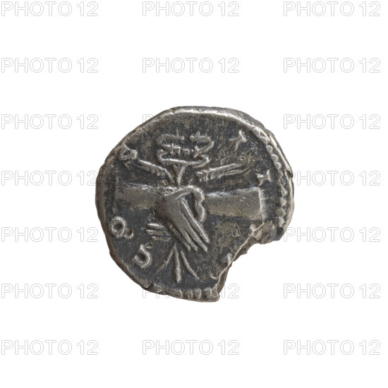 Denarius of Antoninus Pius (86–161; Roman Emperor 138–161), c. 145–161. Obverse: Head of Antoninus Pius in a laurel wreath facing right, legend 'ANTONINVS - AVG PIVS PP'. Reverse: Two hands clasped together holding a winged caduceus and ears of corn, legend 'CO - S - II -'. Iconography: caduceus, ears of corn, hands joined on a caduceus and ears of corn. Roman Empire, Rome. Coin; diameter 17.0 mm; weight 2.92 g; axis 180°.
