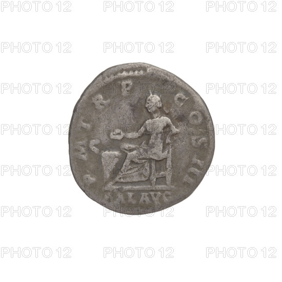 Denarius, Hadrian (76–138; Roman emperor 117–138). Obverse: Bust of Hadrian with laurel wreath facing right; rim inscription: IMPCAESARTRAIANHADRIANVSAVG. Reverse: Salus seated left, wearing a long robe; in her outstretched right hand she holds a patera consecrating gifts on the lit altar before her, a snake entwined around the altar, her left hand rests on the back of a chair; rim inscription: PM TR P COS III; field inscription: SALVS AVG. Dated 119–122, Rome, Roman Empire (27 BC–476). Coin, weight 2.45 g.