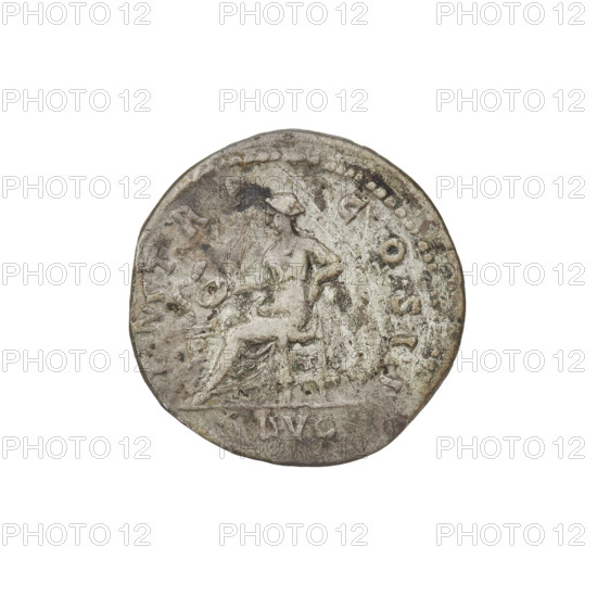 Denarius, Hadrian (76–138; Roman emperor 117–138). Obv.: Bust of Hadrian with laurel wreath facing right; rim inscription IMPCAESARTRAIANHADRIANVSAVG. Rev.: Salus seated left, wearing a long robe; in her outstretched right hand she holds a patera from which she consecrates gifts on the lit altar in front of her, a snake is entwined around the altar, her left hand rests on the back of a chair; rim inscription PM TR P COS III; field inscription SALVSAVG. Date: 119–122. Rome, Roman Empire (27 BC–476). Coin; weight 3.07 g.