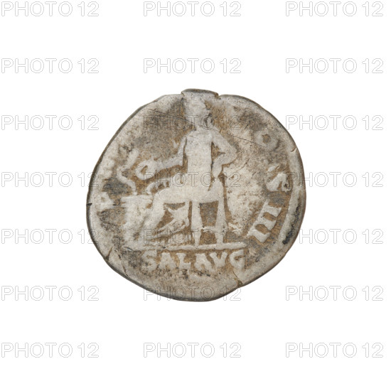 Denarius, Hadrian (76–138; Roman emperor 117–138). Obverse: Bust of Hadrian with laurel wreath facing right; rim inscription CAESAR TRIANVS AVG. Reverse: Salus seated left, wearing a long robe; in her outstretched right hand she holds a patera consecrating gifts on the lit altar in front of her, a snake is entwined around the altar, her left hand rests on the back of a chair; rim inscription P COS III; legend SALVS AVG. Date: 119–122. Rome, Roman Empire (27 BC–476). Coin; weight 2.72 g.