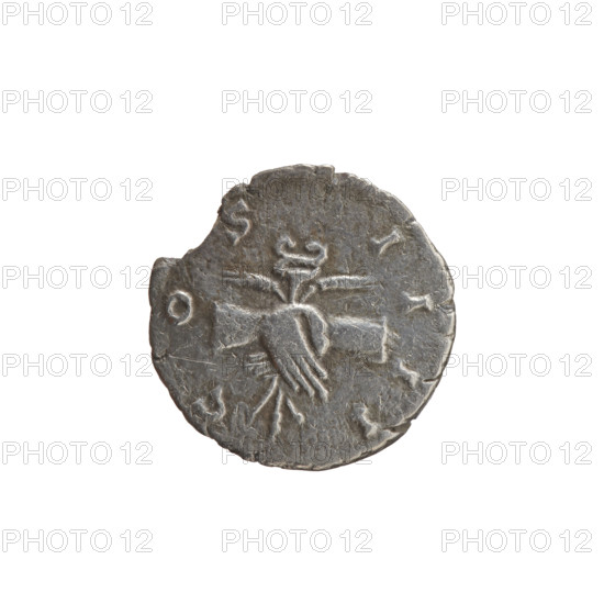 Denarius, Antoninus Pius (86–161; Roman emperor 138–161), issuer: Antoninus Pius; obverse: head of Antoninus Pius in a laurel wreath facing right, legend 'AN[N]IVS - AVG PIVS PP' (around); reverse: two hands clasped together holding a winged caduceus and ears of corn, legend 'C OS - IIII' (around); iconography: caducei, hands joined on a caduceus and ears of corn; date: 145–161; culture/place: Roman Empire, Rome; object type/material: coin (denarius); diameter: 17.5 mm; weight: 2.84 g; axis: 180 degrees.