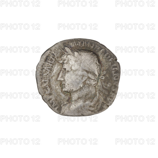 Denarius, Hadrian (76–138; Roman emperor 117–138). Obverse: Bust of Hadrian with laurel wreath facing right; rim inscription: IMPCAESARTRAIANHADRIANVSAVG. Reverse: Salus (personification) standing left, wearing a long robe; in her outstretched right hand she holds a patera consecrating gifts on a lit altar in front of her, a snake entwined around the altar; in her left hand a long vertical caduceus; rim inscription: PM, COS III; on both sides of the figure: SALVSAVG. Date: 119–122. Rome, Roman Empire (27 BC–476). Coin; weight 3.00 g.