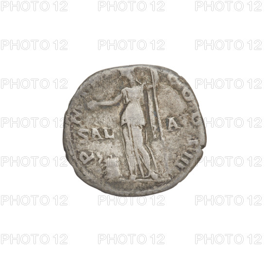 Denarius, Hadrian (76–138; Roman emperor 117–138). Obverse: Bust of Hadrian with laurel wreath facing right; rim inscription IMPCAESARTRAIANHADRIANVSAVG. Reverse: Salus standing left, wearing a long robe, consecrating gifts with a patera in her outstretched right hand on a lit altar around which a snake is entwined; in her left hand a long vertical caduceus; rim inscription PM, COS III; on both sides of the figure: SALVSAVG. Date: 119–122. Rome, Roman Empire (27 BC–476). Coin; weight 3.00 g.