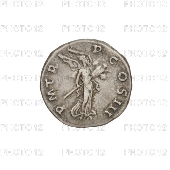Denarius, Hadrian (76–138; Roman emperor 117–138). Obverse: Bust of Hadrian with laurel wreath facing right; rim inscription 'IMPCAESARTRAIANHADRIANVSAVG'. Reverse: Victoria flying right, wings raised, wearing a long robe, holding a trophy with both hands; rim inscription 'PM TR P COS III'. Date: 119–122. Rome, Roman Empire (27 BC–476). Coin; weight 3.25 g.