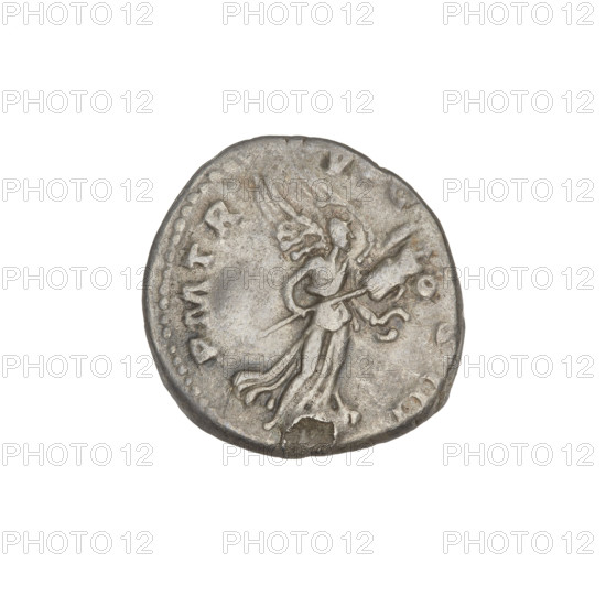 Denarius, Hadrian (76–138; Roman emperor 117–138). Obverse: Bust of Hadrian with laurel wreath facing right; rim inscription IMPCAESARTRAIANHADRIANVSAVG. Reverse: Victoria flying right, wings raised, wearing a long robe, holding a trophy with both hands; rim inscription PM TR P. Date: 119–122. Rome, Roman Empire (27 BC–476). Coin; weight 3.35 g.