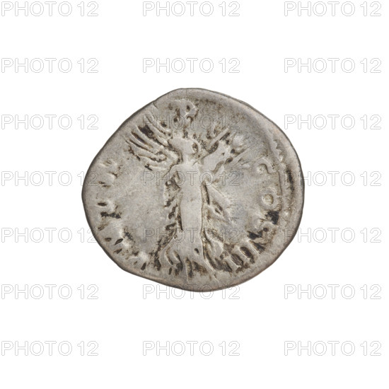 Denarius of Hadrian (76–138; Roman emperor 117–138). Obverse: Bust of Hadrian with laurel wreath facing right; rim inscription AESAR TRAIAN HADRIANVS AVG. Reverse: Victoria flying right, wings raised, wearing a long robe, holding a trophy with both hands; rim inscription PM TR P COS III. Date: 119–122. Rome, Roman Empire (27 BC–476). Coin; weight 2.90 g.