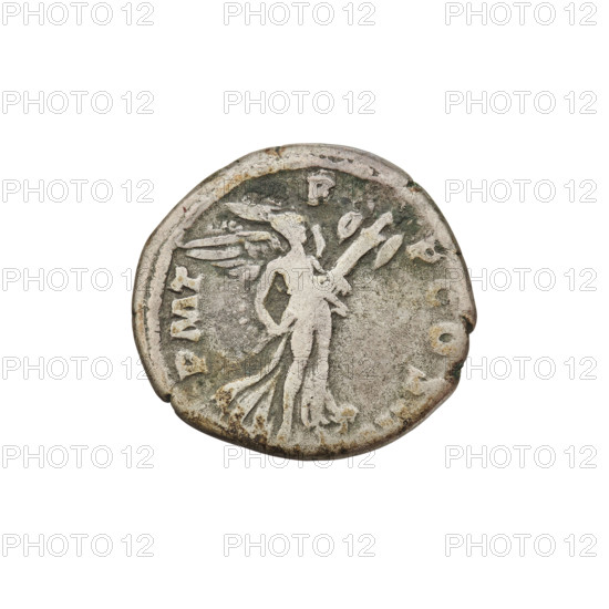 Denarius, Hadrian (76–138; Roman emperor 117–138). Obverse: Bust of Hadrian with laurel wreath facing right; rim inscription IMPCAESARTRA. Reverse: Victoria flying right, wings raised, wearing a long robe, holding a trophy with both hands; rim inscription PM TR P COS III. Date: 119–122. Rome, Roman Empire (27 BC–476). Coin; weight 3.27 g.