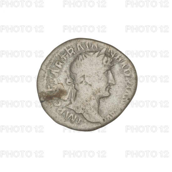 Denarius of Hadrian (76–138; Roman emperor 117–138). Obverse: Bust of Hadrian with laurel wreath facing right; rim inscription IMPCAESARTRAIANHADRIANVSAVG. Reverse: Victoria flying right, wings raised, wearing a long robe, holding a trophy with both hands; rim inscription PM TR P. Date: 119–122. Rome, Roman Empire (27 BC–476). Coin; weight 3.25 g.