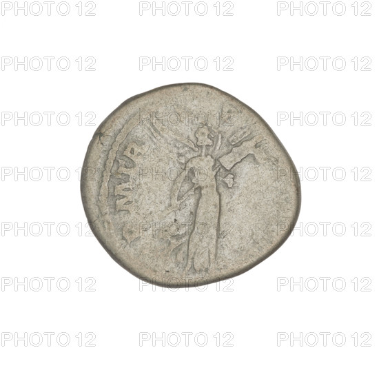 Denarius, Hadrian (76–138; Roman emperor 117–138). Obverse: Bust of Hadrian with laurel wreath facing right; rim inscription: IMPCAESARTRAIANHADRIANVSAVG. Reverse: Victoria flying right, wings raised, wearing a long robe, holding a trophy with both hands; rim inscription: PM TR P. Date: 119–122. Rome, Roman Empire (27 BC–476). Coin; weight 3.25 g.