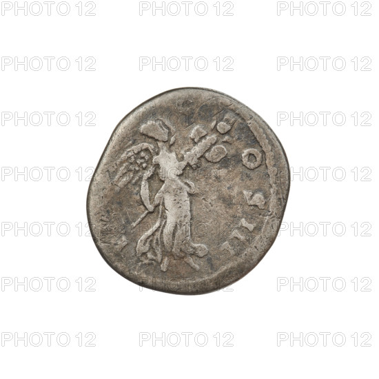 Denarius, Hadrian (76–138; Roman emperor 117–138). Obverse: Bust of Hadrian with laurel wreath facing right; rim inscription 'IMPCAESARTRAIANHADRIANVSAVG'. Reverse: Victoria flying right, wings raised, wearing a long robe, holding a trophy with both hands; rim inscription 'COS III'. Date: 119–122. Rome, Roman Empire (27 BC–476). Coin; weight 2.80 g.