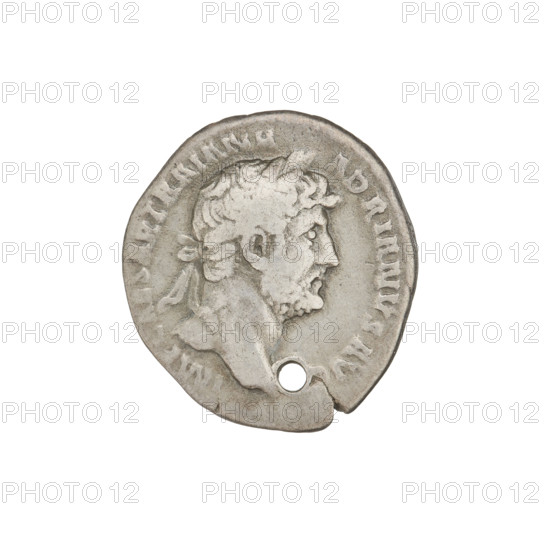 Denarius of Hadrian (76–138 CE), struck 119–122 CE. Obverse: laureate bust of Hadrian facing right; rim inscription IMPCAESARTRAIANHADRIANVSAVG. Reverse: galley sailing left with oars and rudders; rim inscription PM TR P COS III. Coin pierced for suspension; silver; weight 3.10 g. Roman Empire.