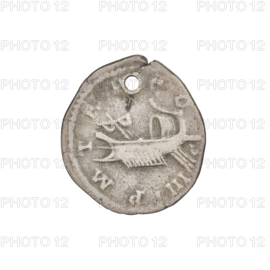 Denarius of Hadrian (76–138; Roman emperor 117–138). Obverse: bust of Hadrian with laurel wreath facing right; rim inscription 'IMPCAESARTRAIANHADRIANVSAVG'. Reverse: galley sailing left; rim inscription 'PM TR P COS III'. Coin pierced for suspension. Date: 119–122. Place: Rome, Roman Empire (27 BC–476). Medium: silver coin. Weight: 3.10 g.