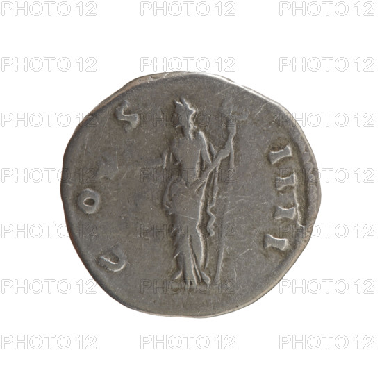 Denarius, Antoninus Pius (86–161; Roman emperor 138–161), issuer: Antoninus Pius; obverse: head of Antoninus Pius in a laurel wreath facing right, inscription ANTONINVS • AVG • PIVS • PP; reverse: Felicitas (or Pax) standing left, holding a branch in his outstretched right hand and a long caduceus in his left, inscription C • O • S • IIII; date 145–161; Roman Empire, Rome; coin; diameter 16.5–17.0 mm; weight 3.02 g; axis 15°.