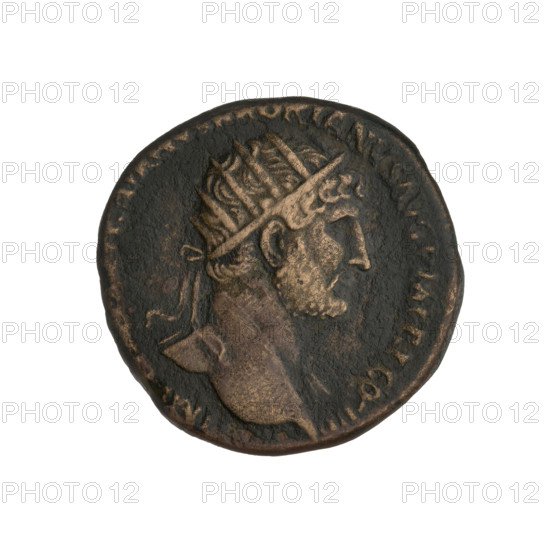 dupondius, Hadrian (76–138; Roman emperor 117–138); Obv.: Bust of Hadrian with radiant crown facing right; rim inscription: IMP.HADRIANVS.AVG. Rev.: Roma standing right, wearing a short tunic, holding a vertical spear in her right hand and a parazonium in her left, wearing a helmet, left foot on the helmet; rim inscription: VIRTUTI.AVG.; mintmark SC on both sides; dated 119–122, Rome, Roman Empire (27 BC–476); coin; weight 12.15 g
