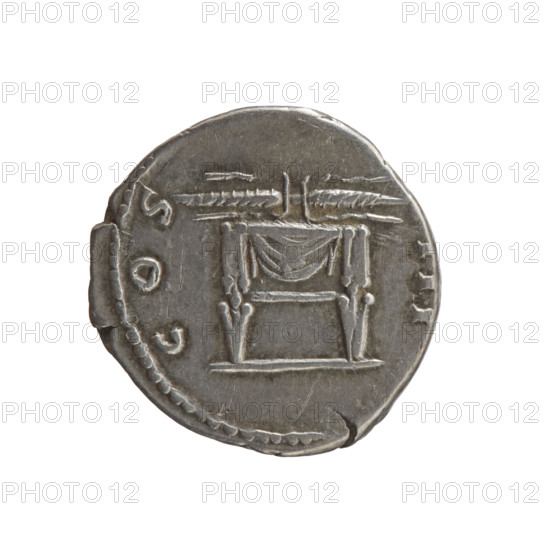 Denarius of Antoninus Pius (86–161; Roman emperor 138–161). Obverse: head of Antoninus Pius in a laurel wreath facing right, legend 'A[NTONINVS] AVG PIVS PP' (all around). Reverse: winged lightning bolt lies on a throne (pulvinar), legend 'COS IIII' (all around). Iconography: head of the emperor in a laurel wreath; lightning bolts; throne. Date: 145–161. Place: Rome, Roman Empire. Medium: silver coin (denarius). Diameter: 17.5 mm. Weight: 3.20 g. Axis: 0 degrees.