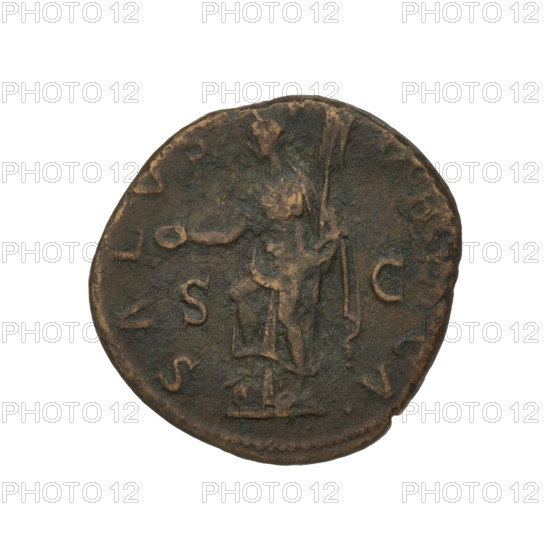 dupondius, Hadrian (76–138; Roman emperor 117–138); Obv.: Bust of Hadrian with radiant crown facing right; rim inscription: IMPCAESARTRAIANVSHADRIANVS. Rev.: Salus (personification) standing right, wearing a long robe, patera in her right hand, trophy in her left, right foot on a globe; rim inscription: SALVSPVBLICA; letters SC on either side of her. Date: 119–122. Rome, Roman Empire (27 BC–476). Coin; weight 9.58 g.