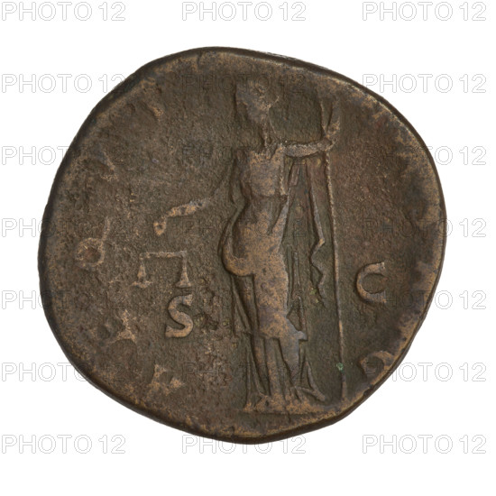 Sestertius of Hadrian (76–138; Roman emperor 117–138). Obverse: Bust of Hadrian with laurel wreath facing right; rim inscription HADRIANVSAVGCOS III PP. Reverse: Aequitas (personification) standing left, wearing a long robe, holding scales in her right hand and a long sceptre in her left; rim inscription AEQVITASAVG; letters SC on both sides of the figure. Date: 119–138, Rome, Roman Empire (27 BC–476). Coin; weight 23.60 g.