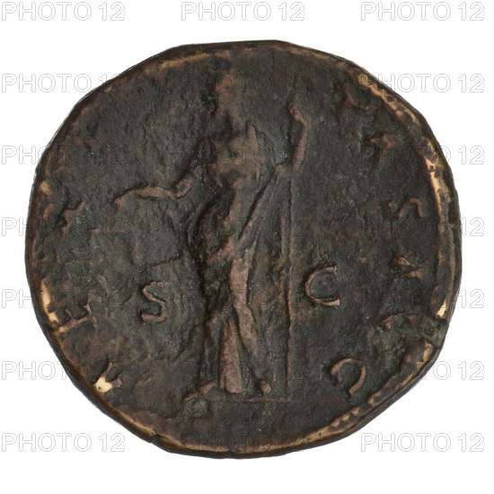 Sestertius of Hadrian (76–138; Roman emperor 117–138). Obverse: Bust of Hadrian with laurel wreath facing right; rim inscription HADRIANVSAVGCOS III PP. Reverse: Aequitas (personification) standing left, wearing a long robe, holding scales in her right hand and a long sceptre in her left; rim inscription AEQVITASAVG; letters SC on both sides of the figure. Date: 119–138 CE, Rome, Roman Empire (27 BC–476). Coin; weight 30.38 g.