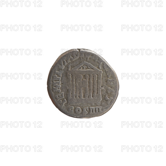 Denarius of Antoninus Pius (86–161; Roman emperor 138–161). Obverse: head of the emperor in a laurel wreath facing right; legend ANTONINVS · AVG · PIVS · PP. Reverse: facade of a temple with eight columns, with statues (possibly of Divine Augustus and Livia?) in the middle and two on the sides; legend TEMPLVM · DIV · AVG · REST and inscription COS IIII. Date: 145–161. Roman Empire, Rome. Coin. Diameter 16.0–17.0 mm; weight 3.00 g; axis 210°.