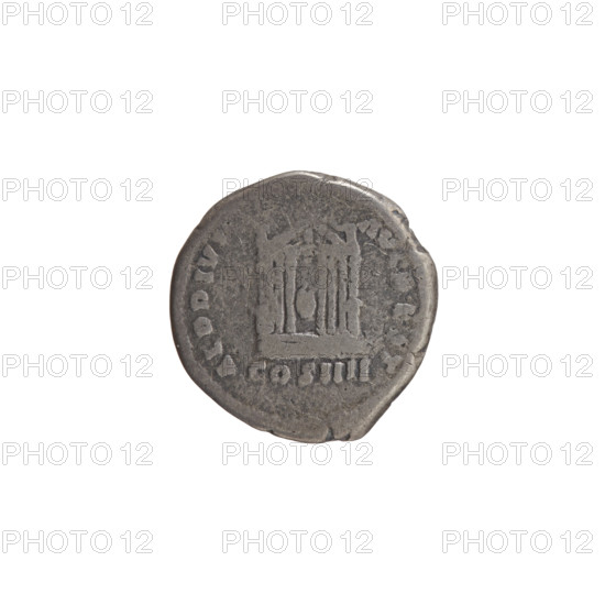Denarius of Antoninus Pius (86–161; Roman emperor 138–161). Obverse: Head of the emperor in a laurel wreath facing right, inscription ANTONINVS · AVG · PIVS · PP. Reverse: Facade of a temple with eight columns, central statue (possibly of the Divine Augustus) flanked by two statues, inscription AED · DIVI · AVG · REST and legend COS IIII. Date: 145–161. Roman Empire, Rome. Coin; diameter 17.5–18.0 mm, weight 2.70 g, axis 30°.
