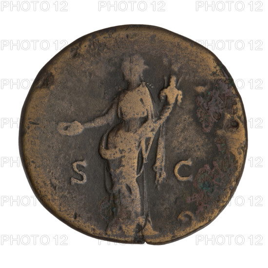 Sestertius of Hadrian (76–138; Roman emperor 117–138). Obverse: Bust of Hadrian with laurel wreath facing right; rim inscription: HADRIANVS AV; OS III PP. Reverse: Fortuna standing left, wearing a long robe, holding a patera in her right hand and a cornucopia in her left; rim inscription obliterated; letters S C on both sides of the figure. Roman, 119–138 CE, Rome. Coin; weight 23.95 g.