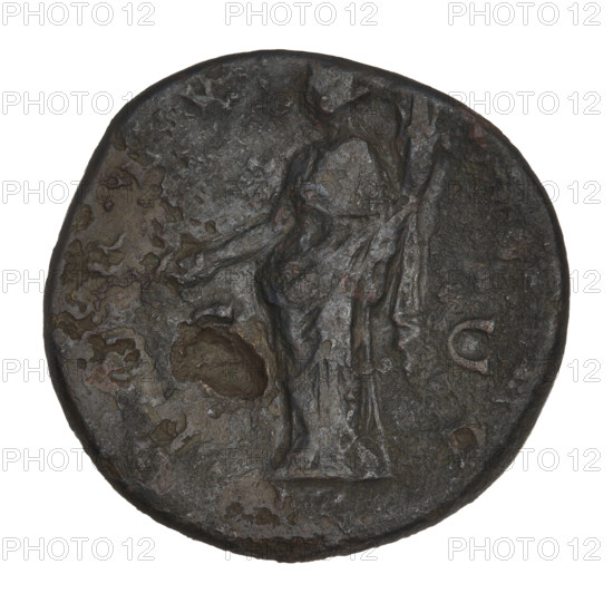 Sestertius of Hadrian (76–138; Roman emperor 117–138). Obverse: Bust of Hadrian with laurel wreath facing right; rim inscription 'HADRIANVSAVGCO'. Reverse: Fortuna standing left, wearing a long robe, holding a patera in her right hand and a cornucopia in her left; rim inscription obliterated; letters 'SC' on both sides of the figure. Date: 119–138. Place: Rome, Roman Empire (27 BC–476). Coin; weight 25.48 g.
