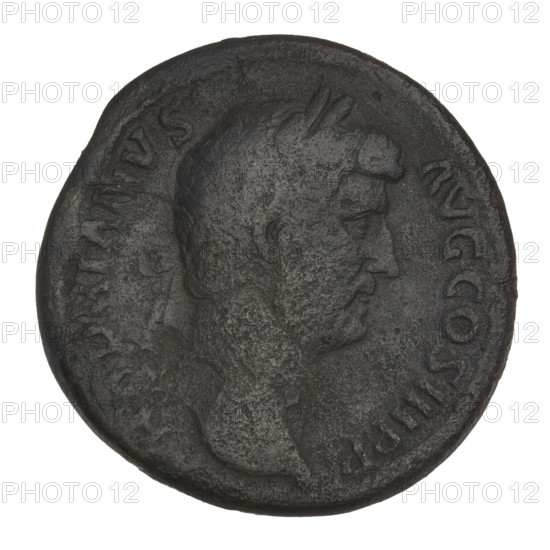 Sestertius of Hadrian (76–138; Roman emperor 117–138). Obverse: Bust of Hadrian with laurel wreath facing right; rim inscription: HADRIANVSAVGCOS III PP. Reverse: Fortuna standing left, wearing a long robe, holding a ship's rudder in her right hand and a cornucopia in her left; rim inscription obliterated; letters S C on both sides of the figure. Date: 119–138. Rome, Roman Empire (27 BC–476). Coin; weight 26.45 g.