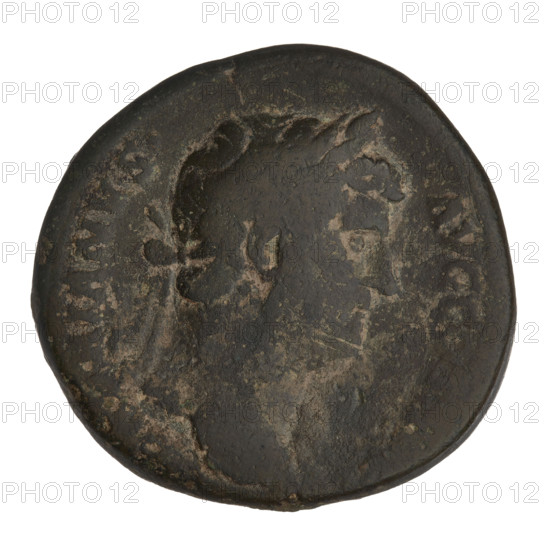 Sestertius of Hadrian (76–138; Roman emperor 117–138). Obverse: Bust of Hadrian with laurel wreath facing right; rim inscription DRIANVSAVGC. Reverse: Fortuna standing left, wearing a long robe, holding a ship's rudder in her right hand and a cornucopia in her left; rim inscription FORT, COS III; letters SC on both sides of the figure. Date: 119–138. Rome, Roman Empire (27 BC–476). Coin; weight 28.70 g.