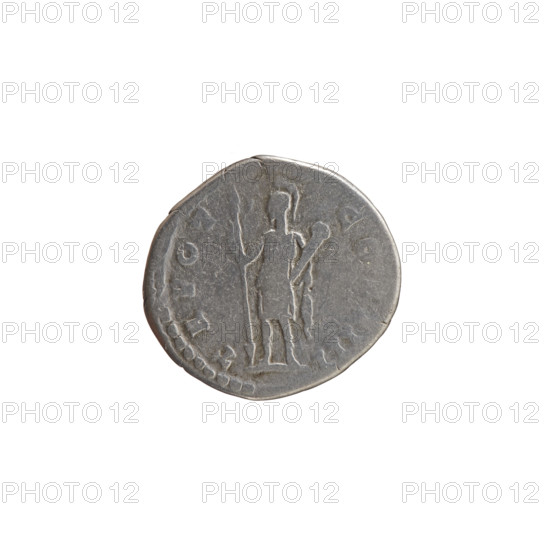 Denarius of Antoninus Pius (reigned 138–161). Obverse: head of Antoninus Pius laureate, drapery on left shoulder, facing right; inscription ANTONINVS AVG P P. Reverse: Virtus standing left, holding a spear with the head down in his right hand and a ceremonial dagger (parazonium) in his left; inscription TR POT COS IIII. Personifications; spears; parazonium (attribute). Roman Empire, 145–161. Coin; diameter 17.5–18.5 mm, weight 3.05 g, axis 195°.