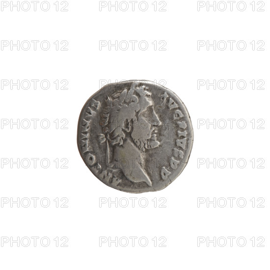 Denarius of Antoninus Pius (86–161; Roman emperor 138–161). Obverse: Head of Antoninus Pius in a laurel wreath facing right, inscription ANTONINVS·AVG·PIVS·PP. Reverse: Virtus standing left, holding a spear with the head down in his right hand and a ceremonial dagger (parazonium) in his left, inscription TR·P·COS·IIII. Date: 145–161. Roman Empire, Rome. Coin; diameter 16.5–17.0 mm, weight 3.12 g, axis 30°.