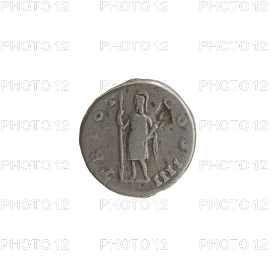 Denarius, Antoninus Pius (86–161; Roman emperor 138–161). Obverse: Head of Antoninus Pius in a laurel wreath facing right, legend ANTONINVS • AVG • PIVS • PP. Reverse: Virtus standing left; in his right hand a spear with the head down, in his left a ceremonial dagger (parazonium), legend TR POT • COS IIII. Personifications; iconography: Virtus standing with a spear and parazonium. Date: 145–161. Culture: Roman Empire. Place: Rome. Medium/format: coin. Diameter: 16.5–17.0 mm. Weight: 3.12 g. Axis: 30°.