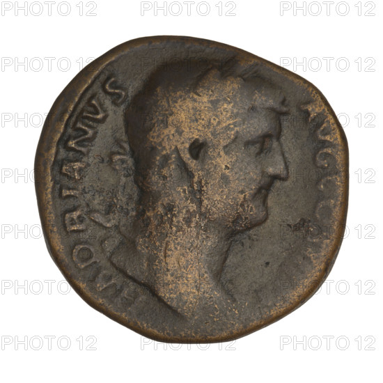 Sestertius of Hadrian (76–138; Roman emperor 117–138). Obverse: Bust of Hadrian with laurel wreath facing right; rim inscription: HADRIANVSAVGCOS III PP. Reverse: Felicitas standing left, wearing a long robe, holding a branch in her right hand and a long vertical caduceus in her left; rim inscription: FELICI; letters SC on both sides of the figure. Date: 119–138. Place: Rome, Roman Empire. Coin, weight 20.15 g.