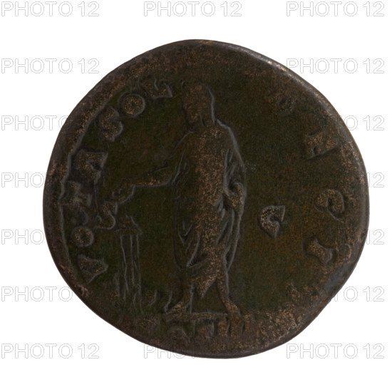 Sestertius, Antoninus Pius (86–161; Roman emperor 138–161), issuer; obverse: head of the emperor with a laurel wreath facing right, legend 'ANTONINVS • AVG • PIV'; reverse: the emperor in a toga and veil stands left, holding a patera in his right hand above a tripod with a bull lying behind it, and a scroll in his left hand, legend 'VOTA SOL • DEC II' with 'OS III' in a section and 'SC' in fields; iconography: bulls, altars, veils, emperor with a veil on his head, paterae; date: 157–159; Roman Empire (27 BC–476), Rome; coin (sestertius): diameter 30.5–31.0 mm, weight 24.25 g, axis 345°.