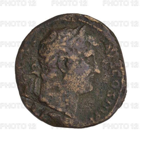 sestertius, Hadrian (76–138; Roman emperor 117–138), cornucopia, Felicitas (personification). Obverse: Bust of Hadrian with laurel wreath facing right; rim inscription: COS III PP. Reverse: Felicitas standing left, wearing a long robe, holding a caduceus in her right hand and a cornucopia in her left, a wheel under her feet; rim inscription: obliterated; on both sides of the figure the letters SC. 119–138. Rome, Roman Empire (27 BC–476). Coin; weight 25.25 g.