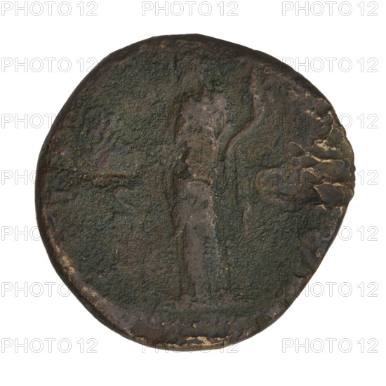 Sestertius of Hadrian (76–138; Roman emperor 117–138). Obverse: Bust of Hadrian with laurel wreath facing right; rim inscription: COS III PP. Reverse: Felicitas (personification) standing left, wearing a long robe, holding a caduceus in her right hand and a cornucopia in her left hand, a wheel under her feet; rim inscription obliterated; letters S C on both sides of the figure. Dated 119–138, Rome, Roman Empire (27 BC–476). Coin; weight 25.25 g.