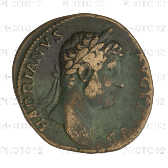 Sestertius, Hadrian (76–138; Roman emperor 117–138). Obverse: Bust of Hadrian with laurel wreath facing right; rim inscription 'HADRIANVS AVGVSTVS'. Reverse: A galley sailing left with a rower and Felicitas (personification) steering; rim inscription 'FELICITATI AVG COS III PP'; letters 'SC' on both sides of the galley. Coin, 119–138, Rome; weight 23.40 g.
