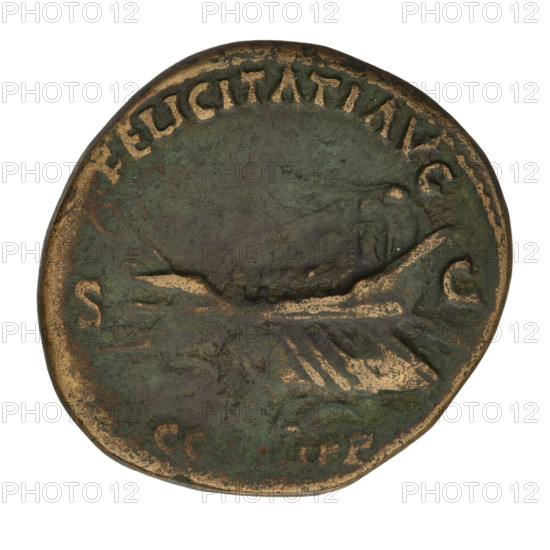 sestertius, Hadrian (76–138; Roman emperor 117–138); Obverse: bust of Hadrian with laurel wreath facing right; rim inscription HADRIANVS AVGVSTVS. Reverse: a galley sailing left with a rower and Felicitas steering; rim inscription FELICITATI AVG COS III PP; letters SC on both sides of the galley. Date: 119–138. Place: Rome, Roman Empire. Material: coin. Weight: 23.40 g.