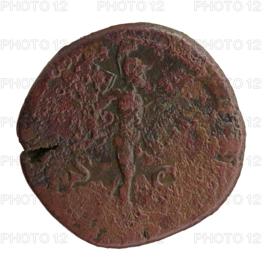 Sestertius of Antoninus Pius (86–161; Roman emperor 138–161). Obverse: Head of Antoninus Pius in a laurel wreath facing right, legend NINVS AVG - PIVS PP TR P, S III. Reverse: Mars walking right, holding a spear in his right hand directed forward and a trophy on his shoulder with his left hand, without legend; fields marked S - C. Date: 145–161 CE, Roman Empire. Coin (Rome); diameter 30.5–31.5 mm, weight 26.50 g, axis 345°.