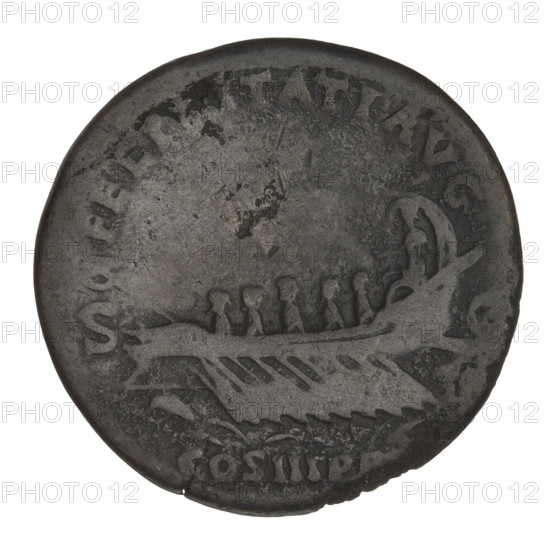 Sestertius of Hadrian (76–138 CE; Roman emperor 117–138). Obverse: Bust of Hadrian wearing a laurel wreath, facing right; rim inscription HADRIANVSAVG. Reverse: A galley sailing left with a rower and Felicitas (personification) steering; rim inscription FELICITATIAVG COS III PP; letters SC on both sides of the galley. Date: 119–138 CE, Rome, Roman Empire. Coin; weight 23.35 g.