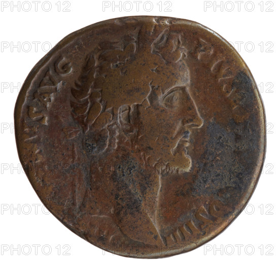 Sestertius of Antoninus Pius (86–161; Roman emperor 138–161). Obverse: head of the emperor in a laurel wreath facing right; inscription ANTONINVS AVG PIVS PP COS IIII. Reverse: Felicitas standing left, holding an ibex in her outstretched right hand and a long winged caduceus in her left; inscription FELICITAS AV. Symbols in fields S • C. Date: 145–161. Roman Empire. Material: coin. Diameter: 30.0–31.0 mm. Weight: 21.05 g. Axis: 0°.